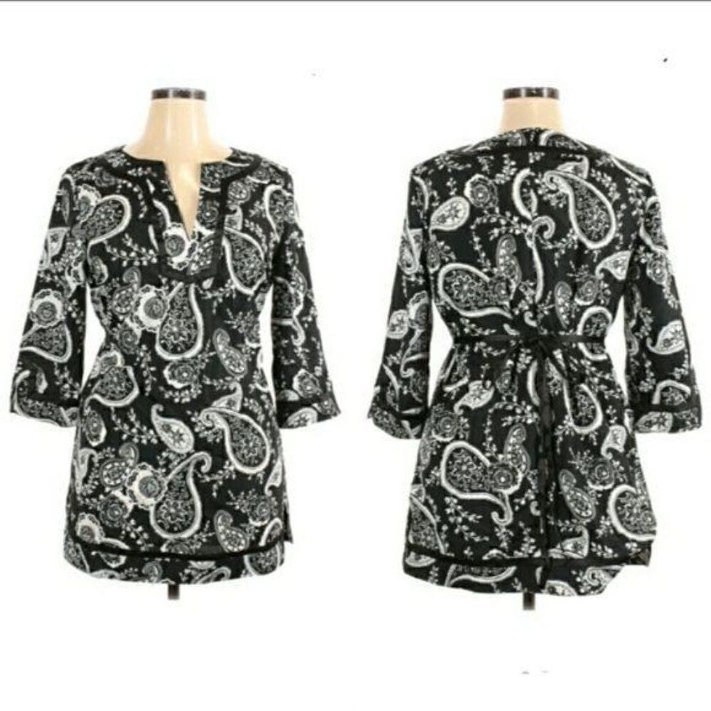 Rochas Paris Tunic Top‎ Split Neck Long Sleeve Paisley Print Tie Waist Blk Sz XL
